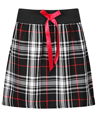 Paradise Girls Tartan Skirt Checked Bow Pleated Skirts Elasticated Waist 5-16Y Black (Black 7-8Y)