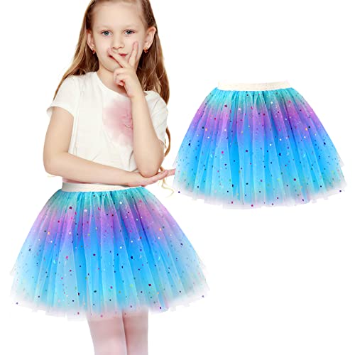 Yolev Girls Tutu Skirt Rainbow 3 Layers Tulle Tutu Skirt Sequin Star Princess Ballet Dance Dress Kid Tutu Skirt for Children (Blue)