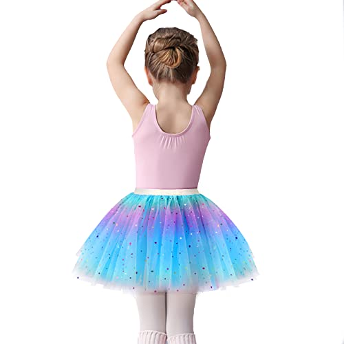 Yolev Girls Tutu Skirt Rainbow 3 Layers Tulle Tutu Skirt Sequin Star Princess Ballet Dance Dress Kid Tutu Skirt for Children (Blue)