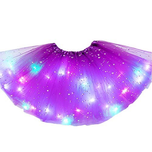Girls Tutu Skirt Stars Sequin,Little Girls LED Light Up Tutu Skirt Neon Colorful Luminous Party Dance Dress Princess Clothes Ballet for 3-8 Years Kids (Dark Purple)