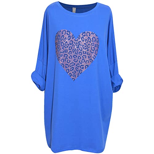 Storm Island® Women Italian Heart Top Ladies Animal Print Cotton Top Plus Size Tunic Shirt Summer Casual Wear Batwing Sleeves Shirt for Women Girls Long T-Shirt Heart Design One Size Blouse 14-24 UK
