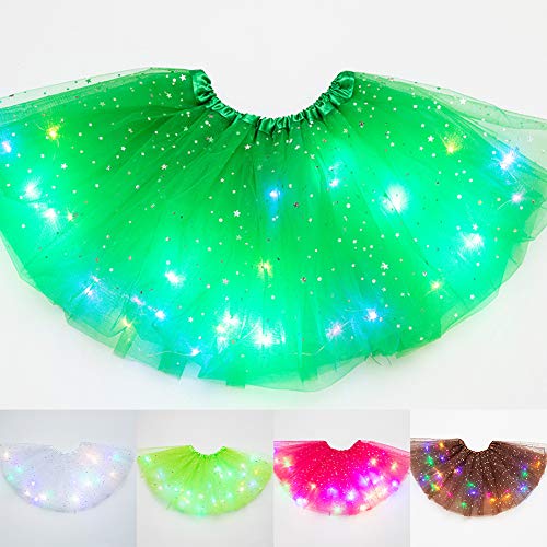Girls Tutu Skirt, Little Girls LED Colorful Luminous Kids Star Sequin Ballet Skirt Princess Sparkling Tutu, Fancy Fluffy Ballet Dance Costume for 3-8 Years Kids(Dark Green)