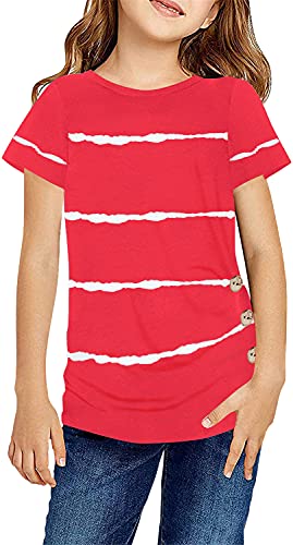 Ebifin Girls Casual Short Sleeve T Shirts Button Side Tie Dye Tunic Tops Striped Loose Soft Blouse Size 4-13 - red - 12-13 Years