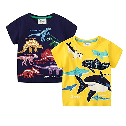 PythJooh Toddler Boy Glow in The Dark Shirt Kids Cartoon Dinosaurs Sharks Short Sleeve T-Shirt Tops for 1-7Years