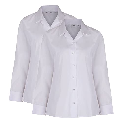 Trutex 2 Pack Girls Shirt School Blouses - Long Sleeve Revere Collar Non-Iron School Uniform (Age 11 Years / 30" Chest,White)