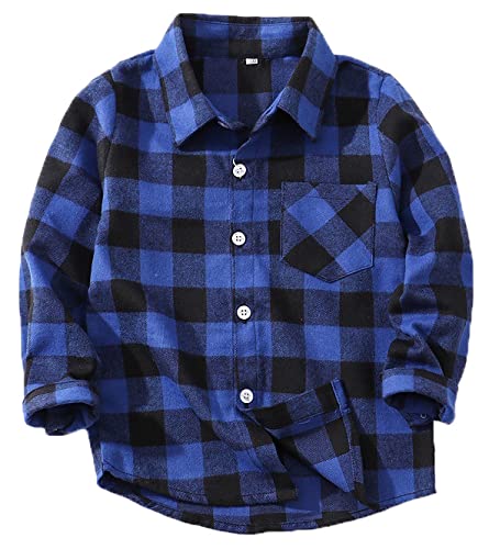 Coralup Boy's Button Down Long Sleeve Plaid Shirt Cotton Girls Blouses Flannel Checked Shirts Casual Blue 8-9Years