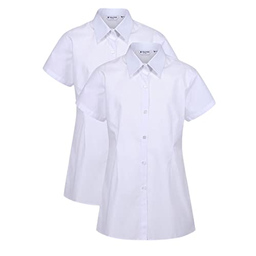Trutex 2 Pack Girls Short Sleeve School Shirts (7-16+ Years) Girls Slim Fit School Shirts, White Shirts for Girls, Easy Iron Short Sleeve School Shirts Girls White - Genuine School Uniform
