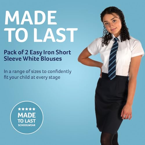 Trutex 2 Pack Girls Short Sleeve School Shirts (7-16+ Years) Girls Slim Fit School Shirts, White Shirts for Girls, Easy Iron Short Sleeve School Shirts Girls White - Genuine School Uniform