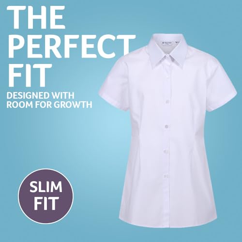Trutex 2 Pack Girls Short Sleeve School Shirts (7-16+ Years) Girls Slim Fit School Shirts, White Shirts for Girls, Easy Iron Short Sleeve School Shirts Girls White - Genuine School Uniform