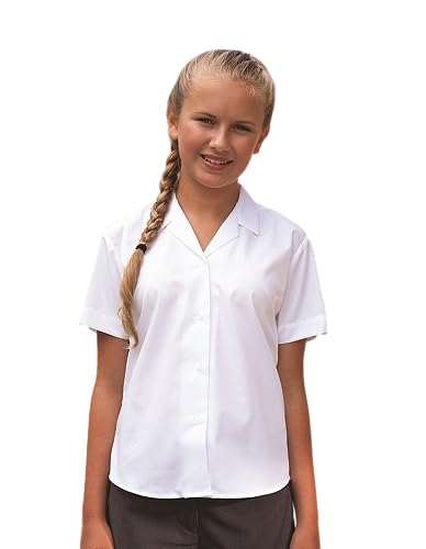 (Pack of 2) Girls School Blouse 3-18 Years Shirt Non Iron Revere Collar Open Collar Short Sleeve White