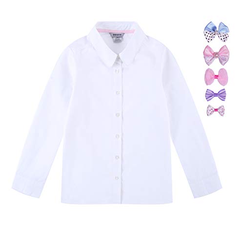 Bienzoe Girls Long Sleeve Shirt: Kids School Uniform Button Down Cotton Oxford Blouse Bowtie Pack White XL