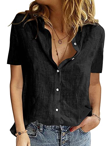 Yuson Girl Womens Blouse Shirt Ladies Summer Tops Elegant V-Neck Casual Short Sleeve Shirts Cotton Blouse T Shirts Classic Button Down Blouses Tops Black