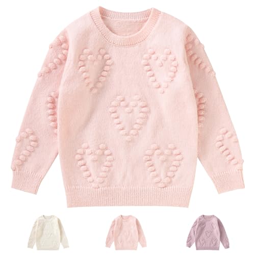 Winmany Girls Pullover Sweater Kids Crew Neck Heart Pattern Knitted Tops Long Sleeve Round Neck Sweatshirts for 3-7Y Pink