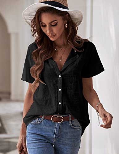 Yuson Girl Womens Blouse Shirt Ladies Summer Tops Elegant V-Neck Casual Short Sleeve Shirts Cotton Blouse T Shirts Classic Button Down Blouses Tops Black
