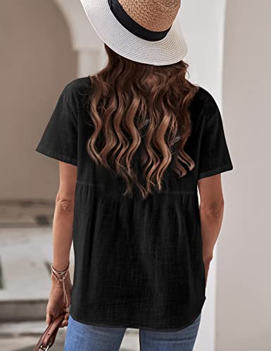 Yuson Girl Womens Blouse Shirt Ladies Summer Tops Elegant V-Neck Casual Short Sleeve Shirts Cotton Blouse T Shirts Classic Button Down Blouses Tops Black