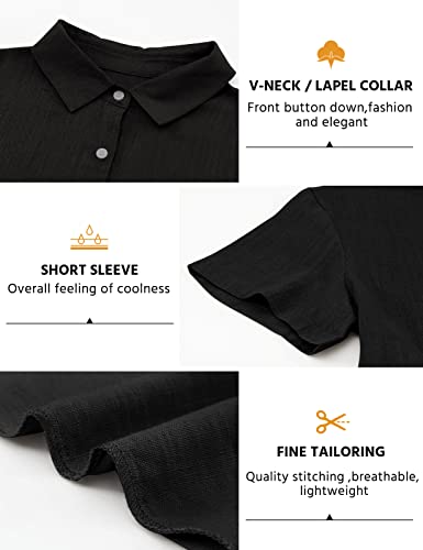 Yuson Girl Womens Blouse Shirt Ladies Summer Tops Elegant V-Neck Casual Short Sleeve Shirts Cotton Blouse T Shirts Classic Button Down Blouses Tops Black