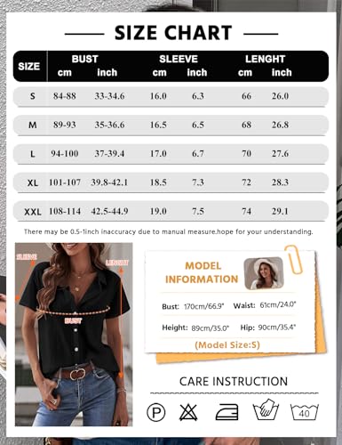 Yuson Girl Womens Blouse Shirt Ladies Summer Tops Elegant V-Neck Casual Short Sleeve Shirts Cotton Blouse T Shirts Classic Button Down Blouses Tops Black