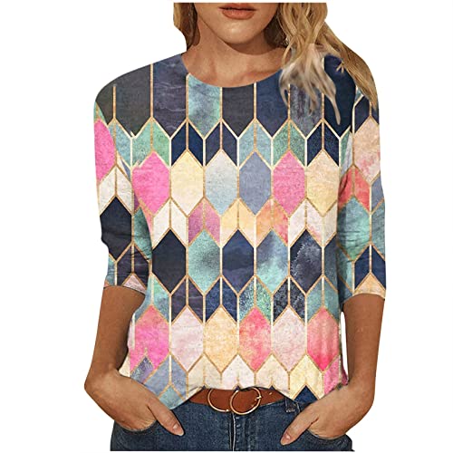 AMhomely Women Blouse Party Elegant Short/Long Sleeve Tops for Work UK Printed T-Shirt Mid-Length 3/4 Sleeves Blouse Round Neck Casual Tops Ladies Business Office Loose Top for Spring/Summer