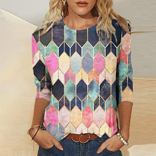 AMhomely Women Blouse Party Elegant Short/Long Sleeve Tops for Work UK Printed T-Shirt Mid-Length 3/4 Sleeves Blouse Round Neck Casual Tops Ladies Business Office Loose Top for Spring/Summer