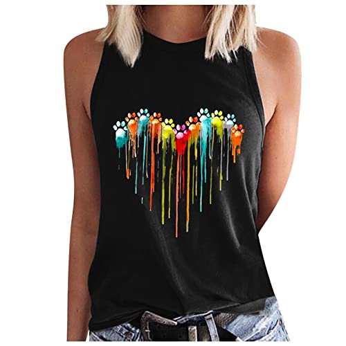 AMhomely Women Tops and Blouse , Sleeveless Summer Sexy Casual Regular Round Neck Printing Vest Loose Sweatshirts UK Size for Christmas Jumper Thanksgiving Valentine's Day, Black 8, XXL