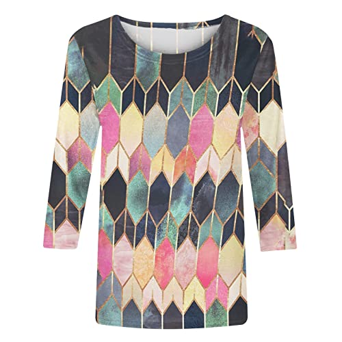 AMhomely Women Blouse Party Elegant Short/Long Sleeve Tops for Work UK Printed T-Shirt Mid-Length 3/4 Sleeves Blouse Round Neck Casual Tops Ladies Business Office Loose Top for Spring/Summer