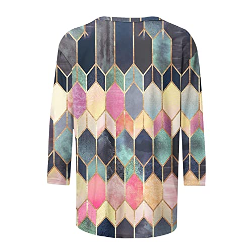 AMhomely Women Blouse Party Elegant Short/Long Sleeve Tops for Work UK Printed T-Shirt Mid-Length 3/4 Sleeves Blouse Round Neck Casual Tops Ladies Business Office Loose Top for Spring/Summer