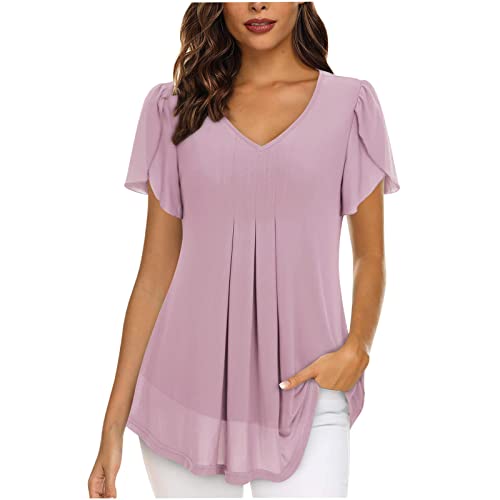 AMhomely Tee Shirts for Women Elegant Short Sleeve V Neck T-Shirt Blouse Girls Solid Color Jumper Formal Work Office Business Blouse Ruffle Night Out Shirts for Leggings Pink 12