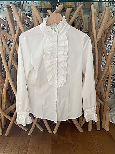 YILEEGOO Women Vintage Victorian Button Down Shirts Stand Collar Frilly Ruffle Gothic Blouses Retro Flared Sleeve Tops (White, M)