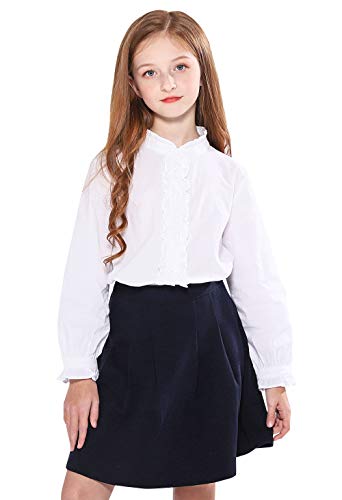 SOLOCOTE Girls White Blouse Ruffle Long Sleeve Button Down Shirts Princess Cotton Loose Soft Tops Spring and Summer 3-14Y, A-White, 9-10 Years
