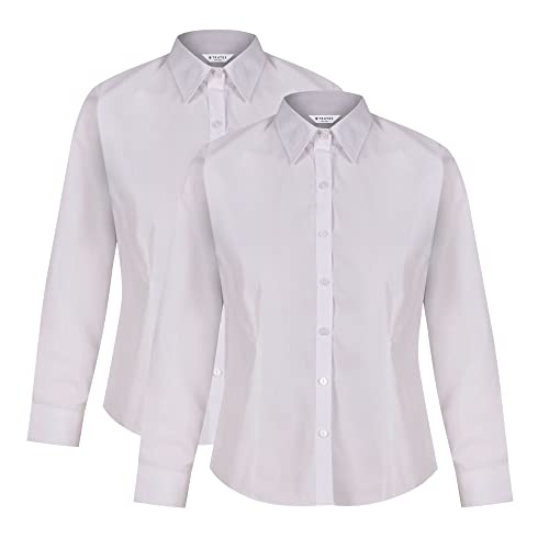 Trutex 2 Pack White School Shirt Girls Blouses - Long Sleeve Slim Fit Non-Iron School Blouses (Age 13 Years / 34" Chest, White)