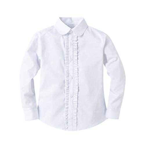 Bienzoe Girls School Uniform Shirt: Kids Summer Ruffle Button Down Long Sleeve Cotton Oxford Blouse White S