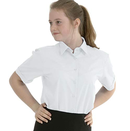Girls Plain Open Revere Collar School Shirt Blouse Short Sleeve Non-Iron Ages 3-18y