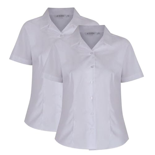 Trutex 2 Pack Girls Shirts Blouses - Short Sleeve Fitted Revere Collar Non-Iron School Uniform (Age 14 Years / 36" Chest, White)
