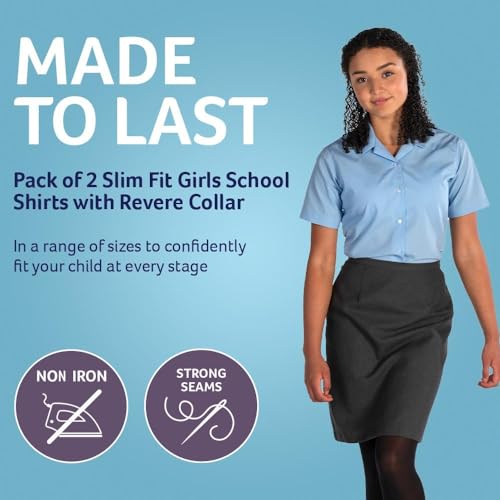 Trutex 2 Pack Girls Shirts Blouses - Short Sleeve Fitted Revere Collar Non-Iron School Uniform (Age 14 Years / 36" Chest, White)