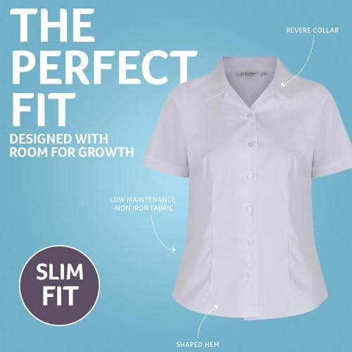 Trutex 2 Pack Girls Shirts Blouses - Short Sleeve Fitted Revere Collar Non-Iron School Uniform (Age 14 Years / 36" Chest, White)