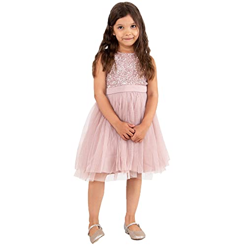 Maya Deluxe Girl's Midi Dress Sequins Embellished Party Tutu Bridesmaids Wedding with Belt Bow, Frosted Pink, 3-4 Years
