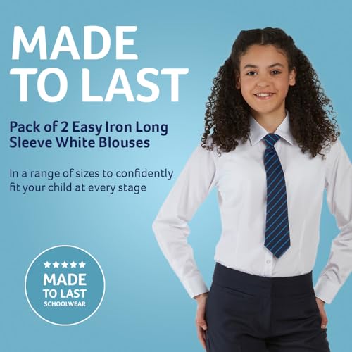 Trutex 2 Pack Long Sleeve White School Blouses for Girls (7-16+ Years) Girls Slim Fit School Shirts, White Shirts for Girls, Easy Iron Girls School Blouses - Genuine School Uniform