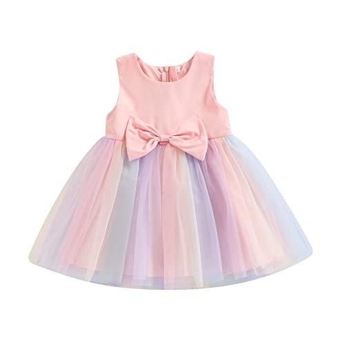 1-5 Years Toddler Kids Girls Princess Tulle Dress Sleeveless Bowknot Rainbow Wedding Dress Party Pageant Dress Summer Sundress for Baby Girl (Pink, 2-3T)