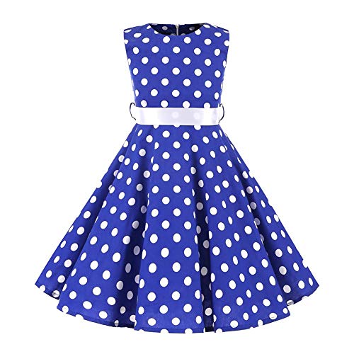 FYMNSI Kids Girl Vintage 1950s Rockabilly Polka Dots Audrey Dress Sleeveless Swing A-line Pleated Retro Cocktail Birthday Party Evening Ball Prom Dress Royal Blue 9-10 Years