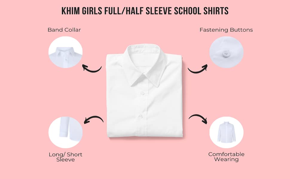 Kids Girls Full Sleeve Half Sleeve School Shirts Plain White Blue Dress Shirts Age 5 to 14 Years