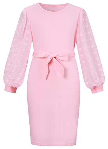 Pink Party Dress for Girls 8-9 Girls Winter Bodycon Dresses Mesh Panel Puff Sleeve Fitted Dress Girls Casual Long Sleeve Pink Dress Girls Dress Age 8-9