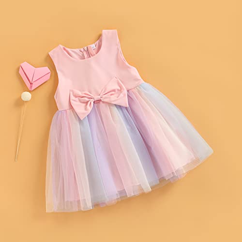 1-5 Years Toddler Kids Girls Princess Tulle Dress Sleeveless Bowknot Rainbow Wedding Dress Party Pageant Dress Summer Sundress for Baby Girl (Pink, 2-3T)
