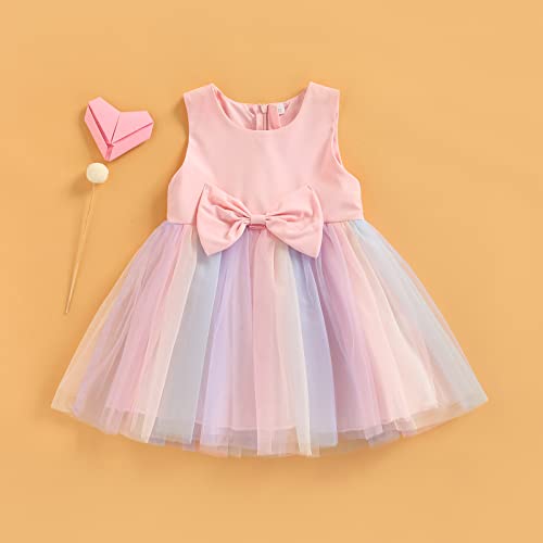 1-5 Years Toddler Kids Girls Princess Tulle Dress Sleeveless Bowknot Rainbow Wedding Dress Party Pageant Dress Summer Sundress for Baby Girl (Pink, 2-3T)