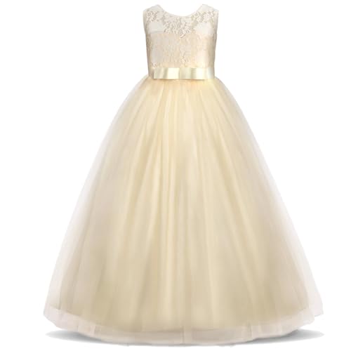 M MUNCASO Prom Dresses for Kids,Flower Girls Floral Lace Sleeveless Floor Length Wedding Formal Dress,Bow Tie Lace Girls Princess Dress,First Communion Pageant Dresses Wedding Flower Dress Champagne