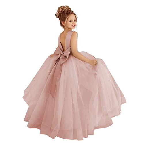 Elegant Pearls Satin Bow Knot Tulle Backless Flower Girl Dresses for Wedding Kids Princess Tulle Ball Gown (Dusty Rose Pink, 8-9Years)