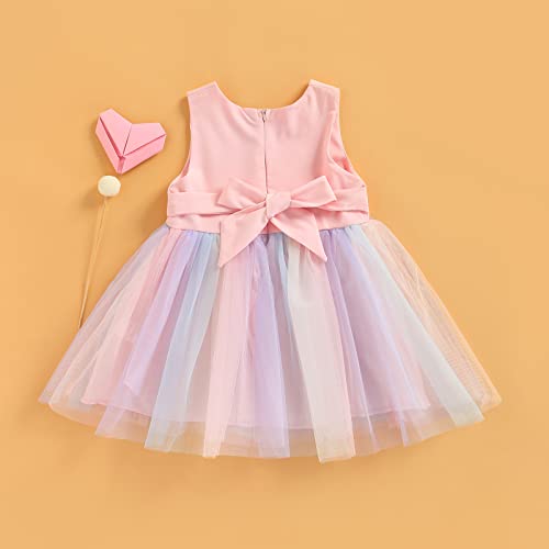 1-5 Years Toddler Kids Girls Princess Tulle Dress Sleeveless Bowknot Rainbow Wedding Dress Party Pageant Dress Summer Sundress for Baby Girl (Pink, 2-3T)
