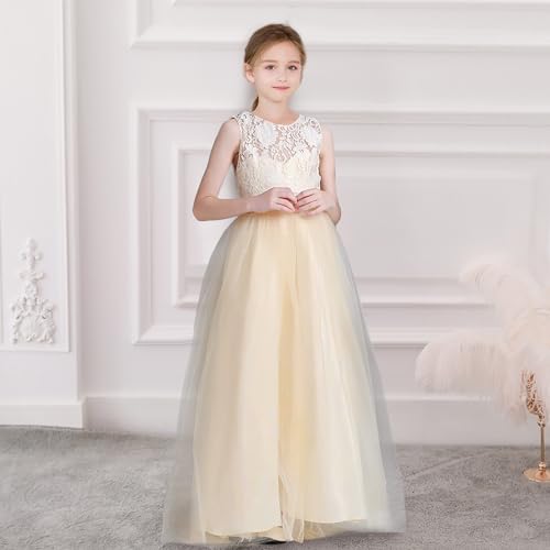 M MUNCASO Prom Dresses for Kids,Flower Girls Floral Lace Sleeveless Floor Length Wedding Formal Dress,Bow Tie Lace Girls Princess Dress,First Communion Pageant Dresses Wedding Flower Dress Champagne