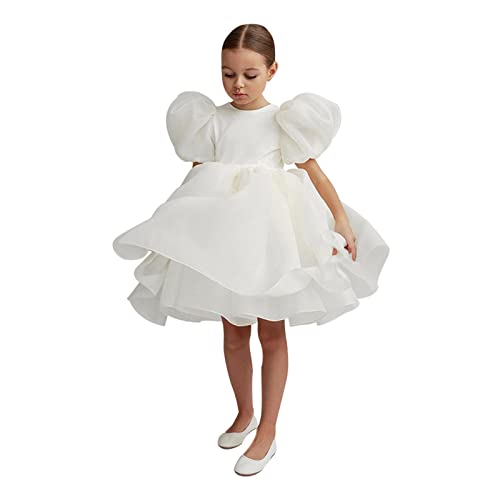 M MUNCASO Girls Party Dress, V Backless Puff Short Sleeves, Ruffle Hem Dresses Up for Wedding Dinner Birthday Occasion, 2-8 Years (White, for Height, 90cm/35.4in)
