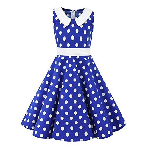 Kids 'Audrey' Vintage 50's Girls Dress Polka Dot Retro Floral Print Skater Rockabilly A Line Swing Party Dresses for Wedding Brithday Christmas Cocktail Evening Prom Blue 9-10 Years