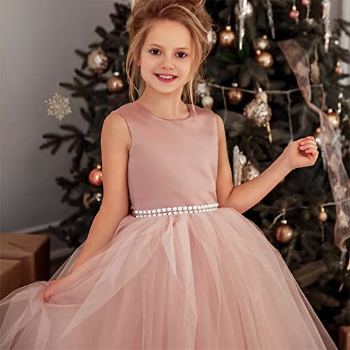 Elegant Pearls Satin Bow Knot Tulle Backless Flower Girl Dresses for Wedding Kids Princess Tulle Ball Gown (Dusty Rose Pink, 8-9Years)